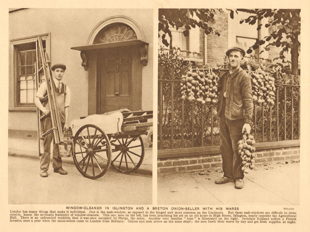 Window-cleaner in Islington and a Breton onion-seller with his wares 1926